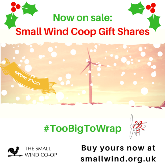 Picture of a snowy wind turbine and holly